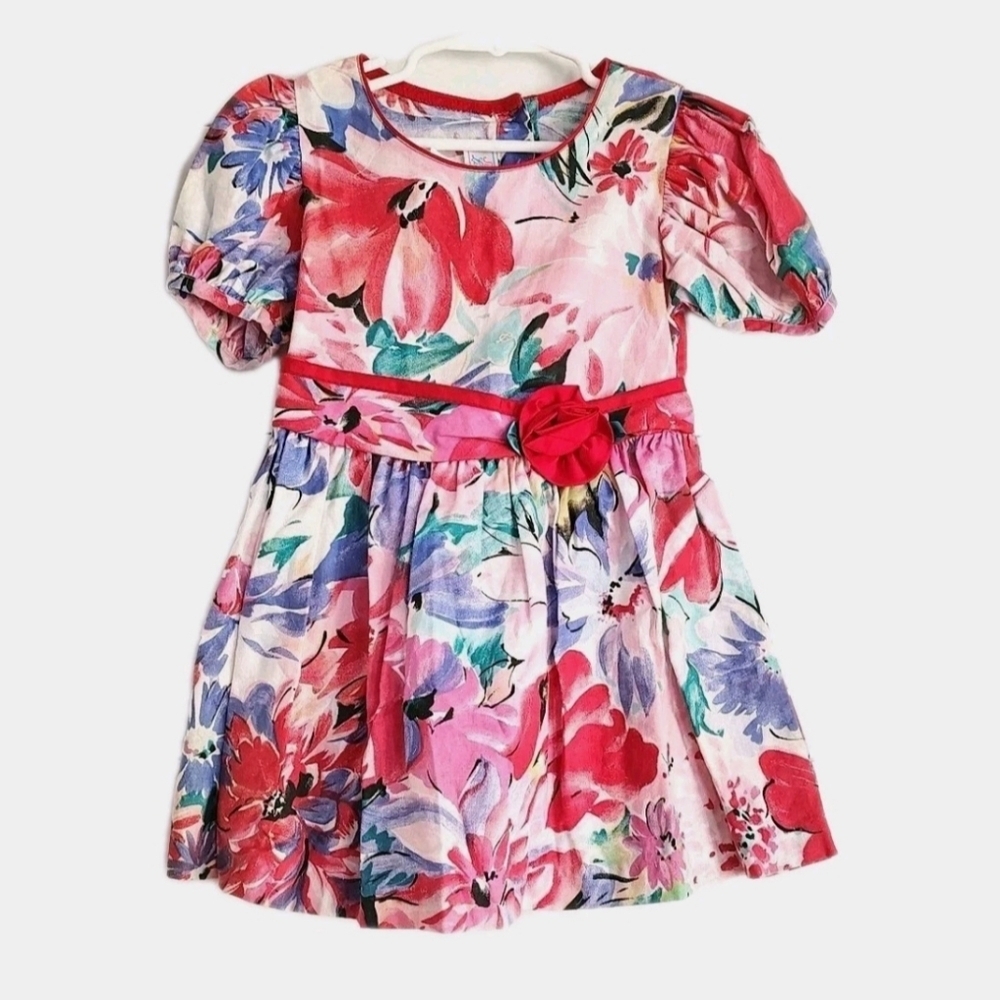 Vintage Floral Girls Dress Size 4 Puff Sleeve Bow Waist Party Church USA 80s